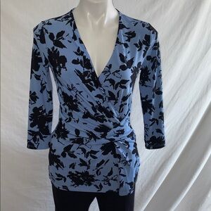 Ellen Tracy Vibrant Blue and Black Floral Wrap Top